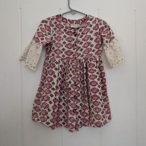 Kids Printed Dress with Lace Sleeves - Pink & Cream
